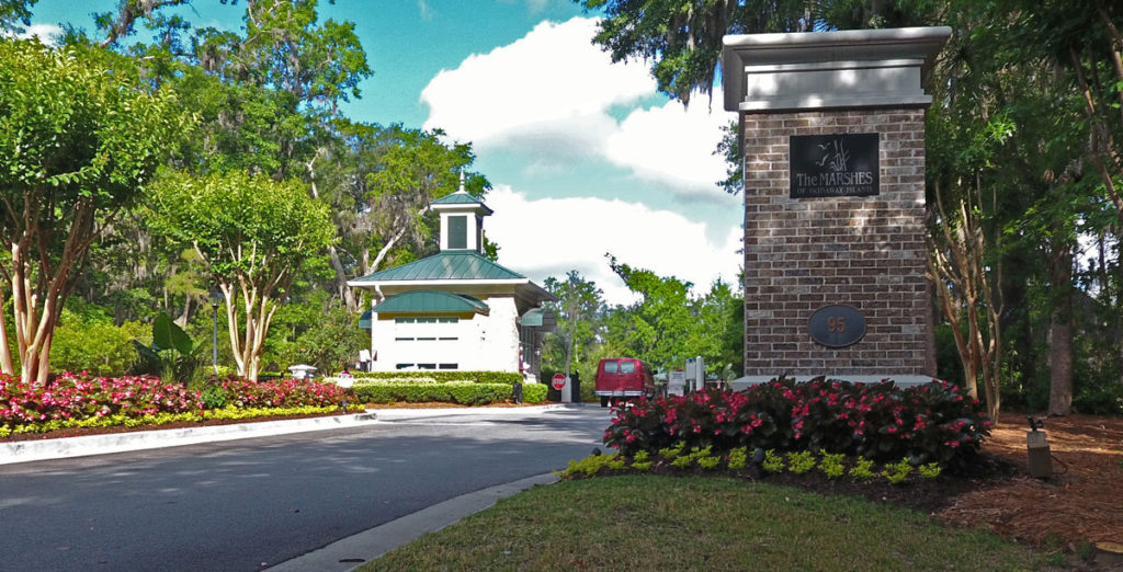 The gate of the gated senior living community at The Marshes of Skidaway Island
