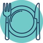 Plate flanked by a fork on the left and a knife on the right, all in a cohesive blue color scheme.